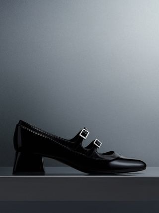 Charles & Keith + Black Patent Double Buckle Mary Janes