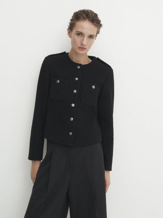 Massimo Dutti + Wool Blend Cropped Jacket with Buttons in Black
