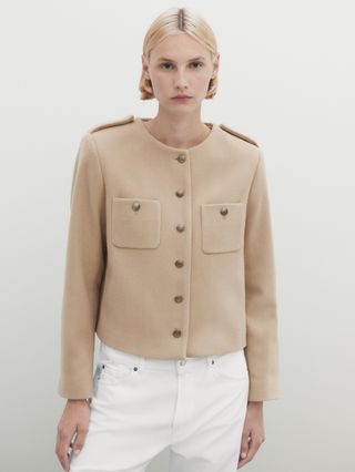 Massimo Dutti + Wool Blend Cropped Jacket with Buttons in Taupe Grey