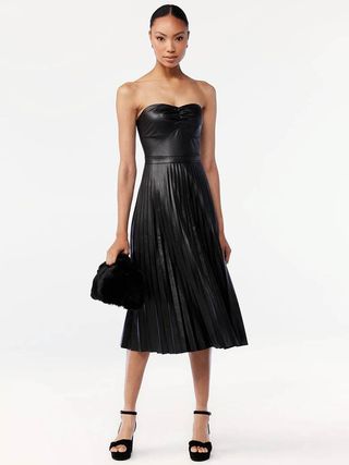 Scoop + Faux Leather Strapless Pleated Midi Dress