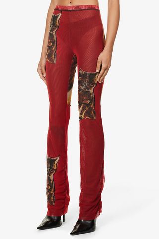 Ottolinger + Cat-Print Straight-Leg High-Rise Stretch-Recycled Polyester Trousers