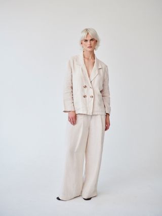 Fanfare Label + Ethically Made Beige Linen Suit Plain with Wide Leg Trouser