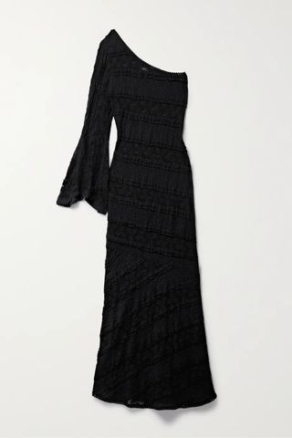 Charo Ruiz + Lora One-Sleeve Paneled Stretch-Lace and Gauze Maxi Dress