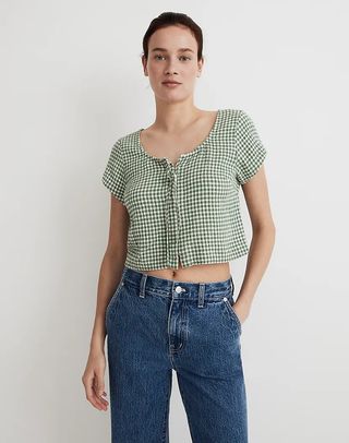Madewell + Tie-Front Crop Top in Yarn-Dyed Check