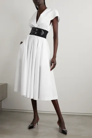 Alaïa + Archetypes Cape-Effect Belted Leather-Trimmed Cotton-Poplin Midi Dress