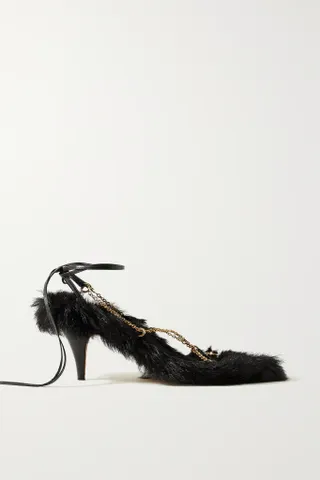 Khaite + Marion Shearling-Lined Chain-Embellished Leather Sandals