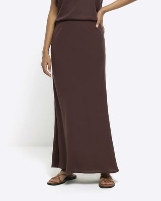 River Island + Brown Maxi Bias Skirt With Linen