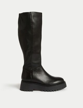 M&S Collection + Leather Chunky Flatform Knee High Boots