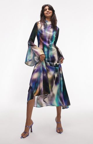 Topshop + Long Sleeve Satin Midi Dress