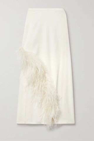 Lapointe + Asymmetric Feather-Trimmed Crepe Midi Skirt