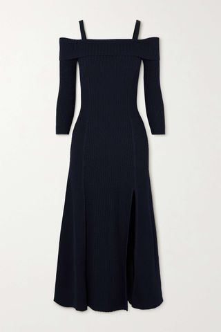 Ganni + Cold-Shoulder Ribbed-Knit Midi Dress