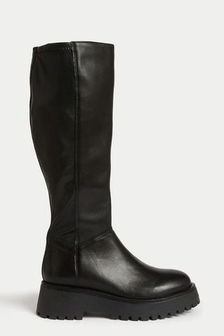 M&S Collection + Leather Chunky Flatform Knee High Boots