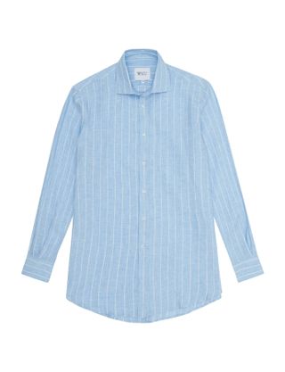 With Nothing Underneath + The Boyfriend Shirt in Linen Sky Blue Stripe