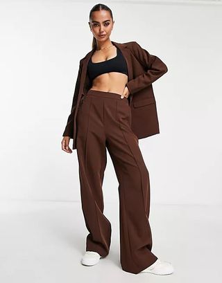 Pieces + High Waisted Wide Leg Tailored Trousers Co-Ord in Chocolate