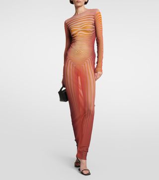 Jean Paul Gaultier + Striped Mesh Maxi Dress