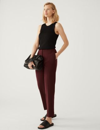 M&S Collection + Tapered Ankle Grazer Trousers in Dark Burgundy