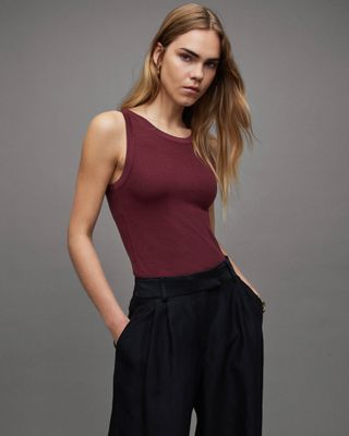 All Saints + Rina Crew Neck Sleeveless Tank Top in Orchid Red