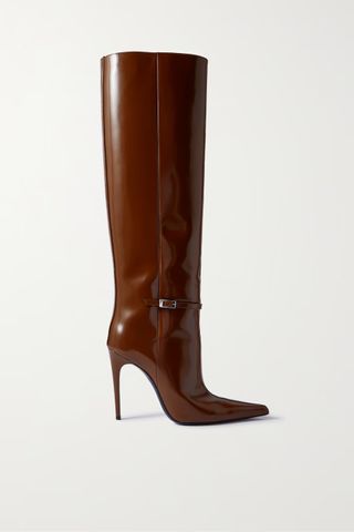 Saint Laurent + Vendôme Buckled Glossed-Leather Knee Boots