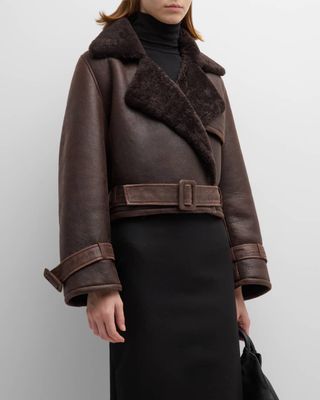 Nour Hammour + Cropped Shearling Jacket With Belted Detail