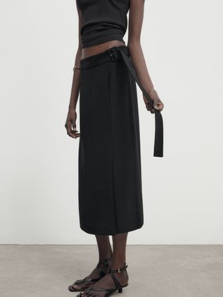 Massimo Dutti + Wrap-Style Midi Skirt with Lined Buckle