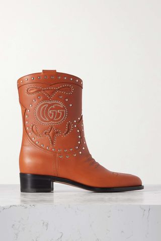 Gucci + Delma Crystal-Embellished Embroidered Leather Ankle Boots
