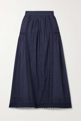 Dôen + Sabina Broderie Anglaise-Trimmed Pintucked Organic Cotton-Poplin Midi Skirt