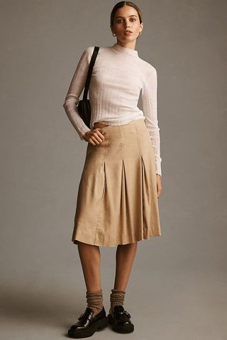 Maeve + Wide-Pleated Midi Skirt
