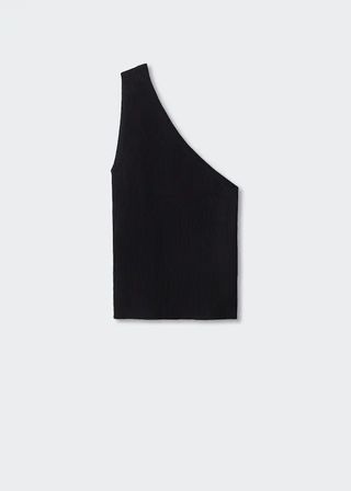Mango + Asymmetrical-Neck Knitted Top in Black