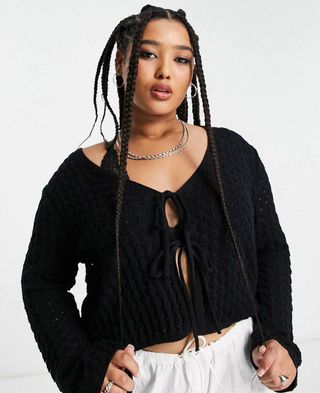 Asos Curve + Cardigan With Tie Front in Pointelle Stitch