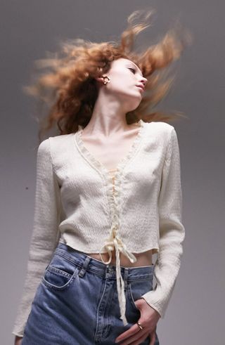 Topshop + Lace-Up Textured Long Sleeve Blouse
