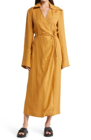Nanushka + Farah Long Sleeve Wrap Front Linen Dress
