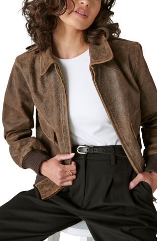 Lucky Brand + Distressed Leather Bomber Jacket