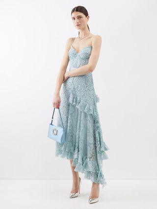 Erdem + Melora Asymmetric Ruffled Satin-Trimmed Recycled-Lace Midi Dress