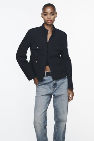 Zara + Textured High-Collar Blazer
