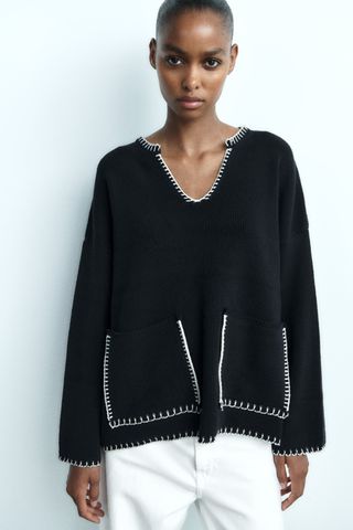 Zara + Topstitched Knit Sweater