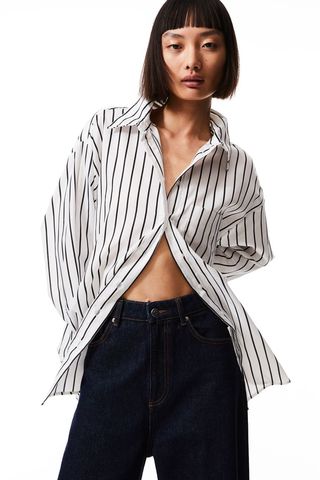 H&M + Satin Shirt in White/Black Striped