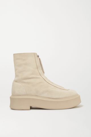 The Row + Textured-Nubuck Platform Ankle Boots in Beige