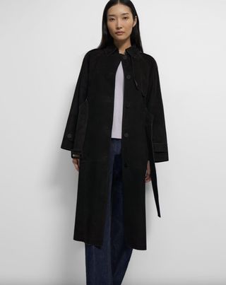 Theory + Belted Trench Coat in Cotton-Bonded Suede