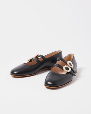 Oliver Bonas + Mary Jane Pearl Buckle Black Leather Shoes