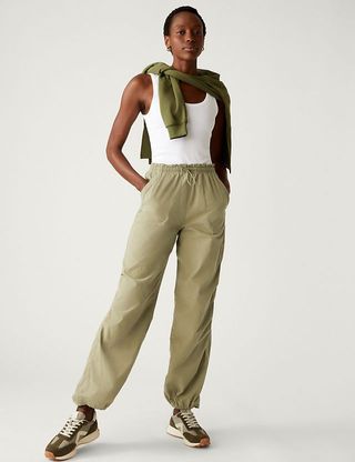 Marks & Spencer + Pure Cotton Cuffed Parachute Trousers in Faded Khaki