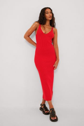 NA-KD + Ribbed Knitted Deep Back Dress in Red