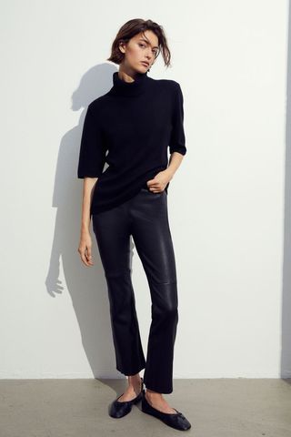 H&M + Ankle-Length Leather Trousers in Black