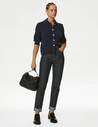 M&S Collection + Cotton Rich Textured Collared Cardigan in Midnight Navy