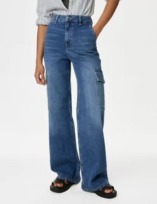 M&S Collection + High Waisted Wide Leg Cargo Jeans