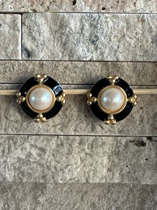 Givenchy + 1980s Vintage Faux Pearl Cabochon With Black Earrings
