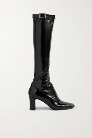 Saint Laurent + Elle Buckled-Embellished Patent-Leather Knee Boots