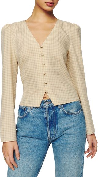 Reformation + Callie Check Tie Back Blouse