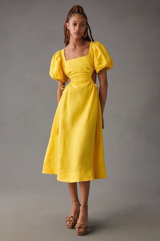 Farm Rio + Puff-Sleeve Cutout Linen Dress