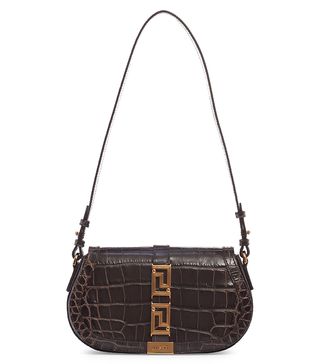 Versace + Medium Greca Goddess Croc Embossed Leather Shoulder Bag