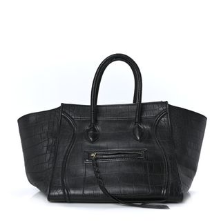Celine + Calfskin Crocodile Embossed Medium Phantom Luggage Black